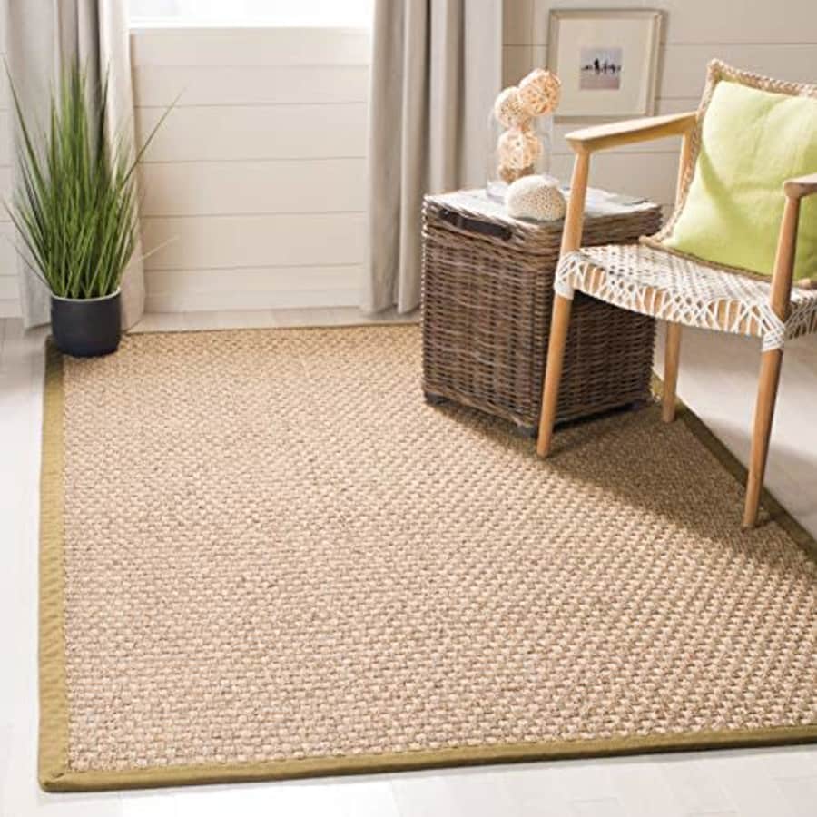 SAFAVIEH Natural Fiber Collection Area Rug - 5' x 8', Natural & Olive, Border Basketweave Seagrass for $122