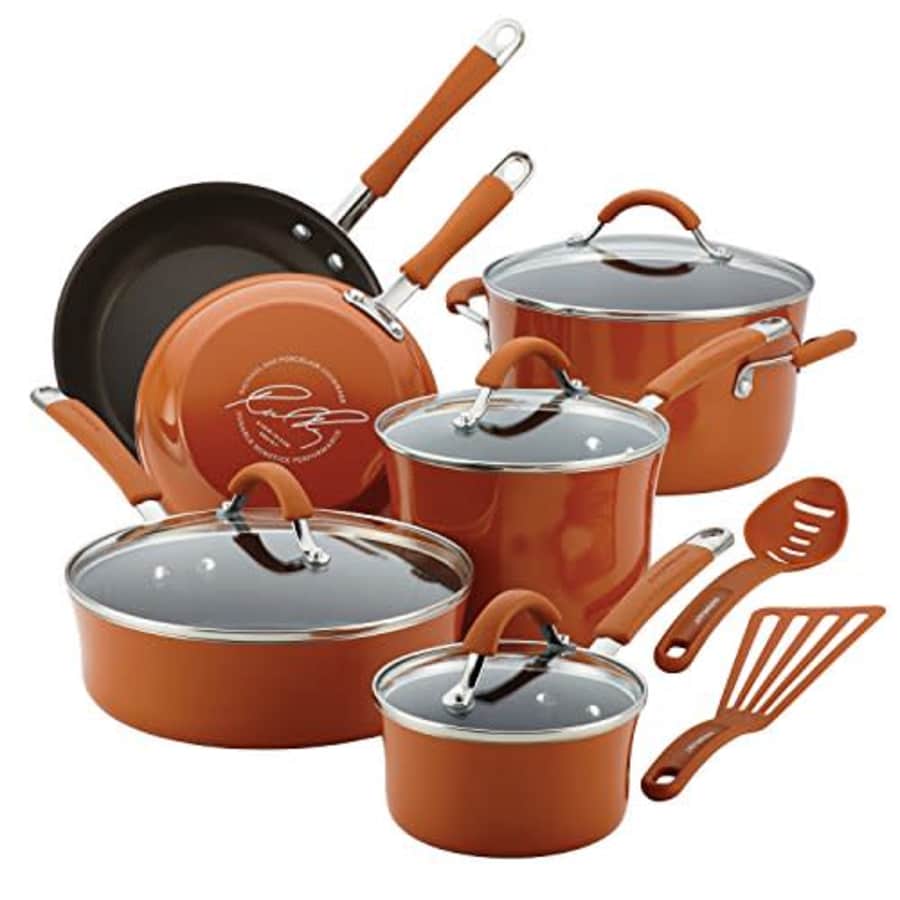 Rachael Ray Cucina Nonstick Cookware Pots and Pans Set, 12 Piece, Pumpkin Orange for $128