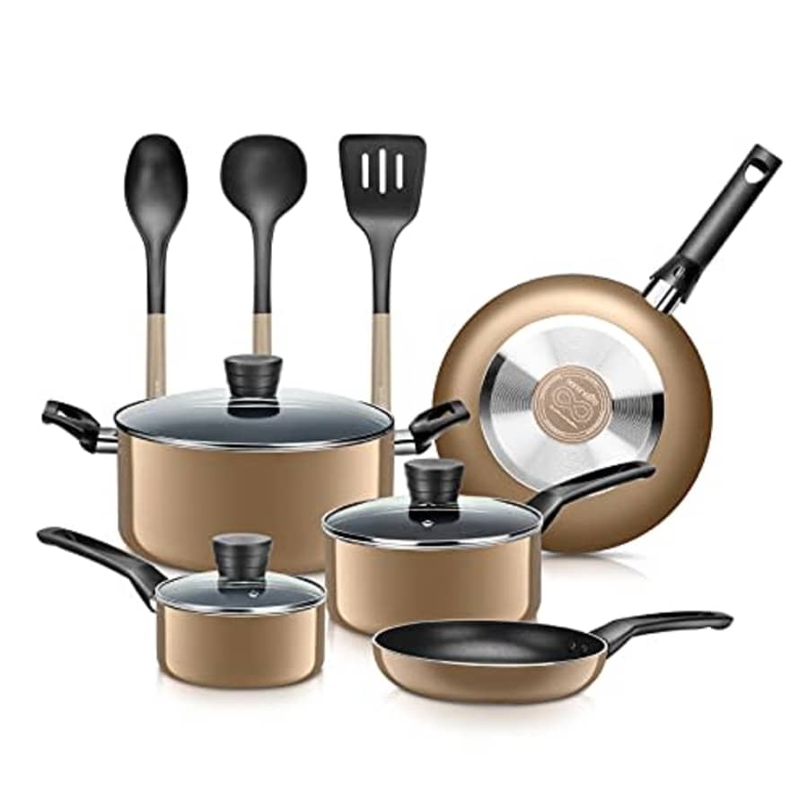 SereneLife Kitchenware Pots & Pans Basic Kitchen Cookware, Black Non-Stick Coating Inside, Heat for $58