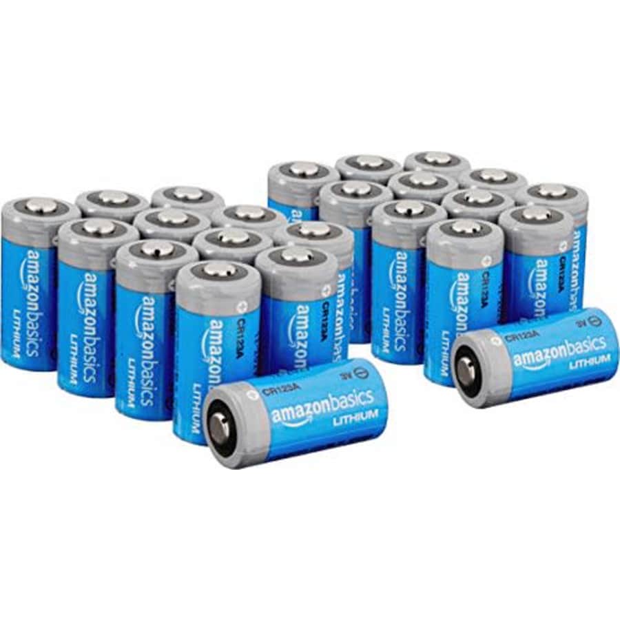 Amazon Basics 24-Pack Lithium CR123a 3 Volt Batteries, 10-Year Shelf Life, Easy to Open Value Pack for $43