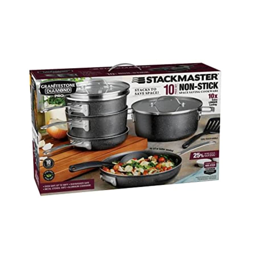 Granitestone Pro Stackable Pots and Pans Set Stackmaster, Complete 10 Piece Cookware Set with Ultra for $205 Granitestone Pro Stackable Pots and Pans Set Stackmaster, Complete 10 Piece Cookware Set with Ultra for $205