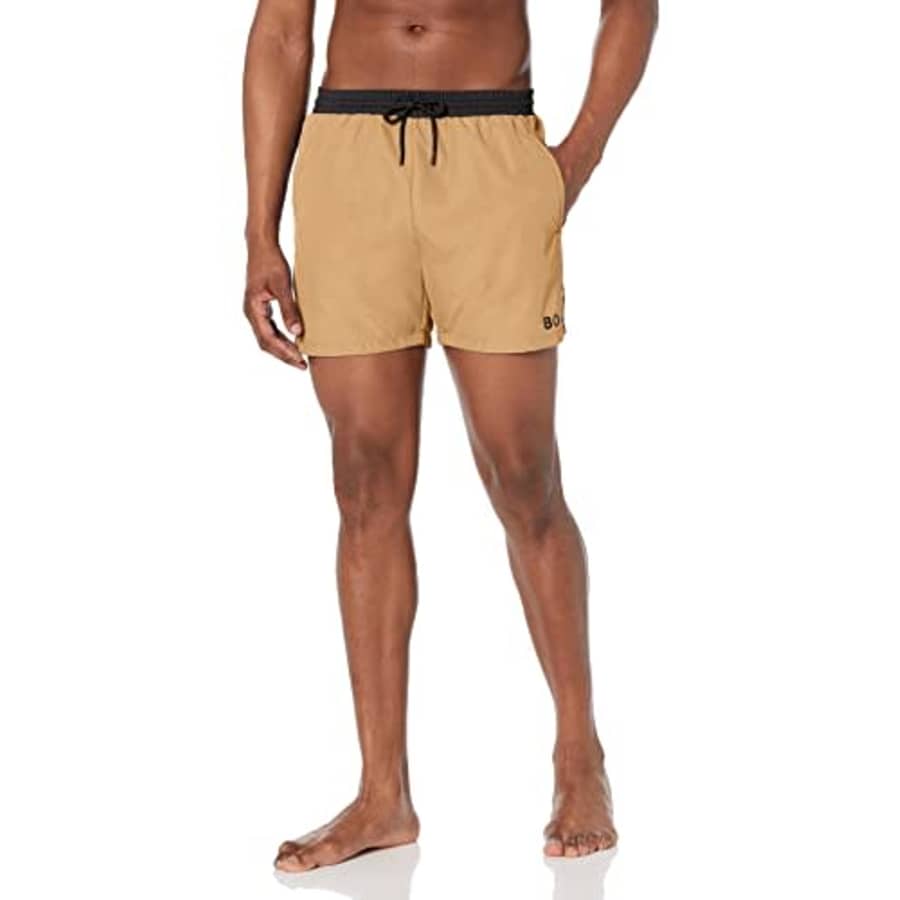 BOSS Men's Standard Medium Length Solid Swim Trunk, Iconic Camel, XXL for $41