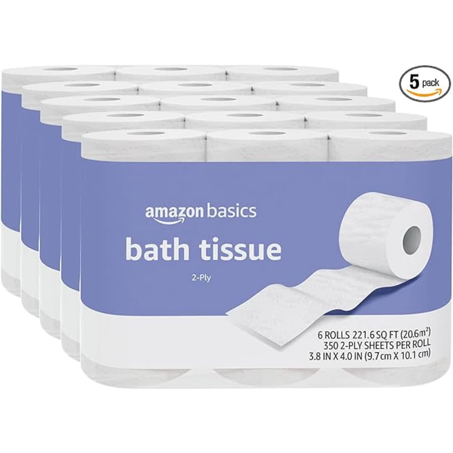 Amazon Basics AmazonBasics 2-Ply 6-Roll Toilet Paper 5-Pack for $22