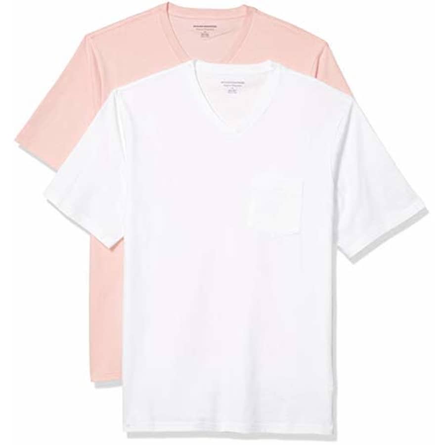 Amazon Essentials Men's 2-Pack Loose-Fit Short-Sleeve V-Neck Pocket T-Shirt, Light Pink/White, for $9 Amazon Essentials Men's 2-Pack Loose-Fit Short-Sleeve V-Neck Pocket T-Shirt, Light Pink/White, for $9