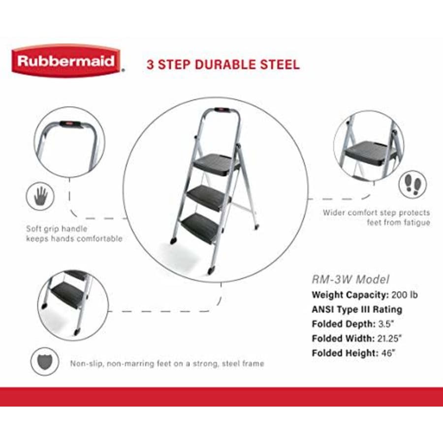 Rubbermaid RM-3W 3-Step Steel Step Ladder with Hand Grip, 200 lb Capacity, Silver for $55