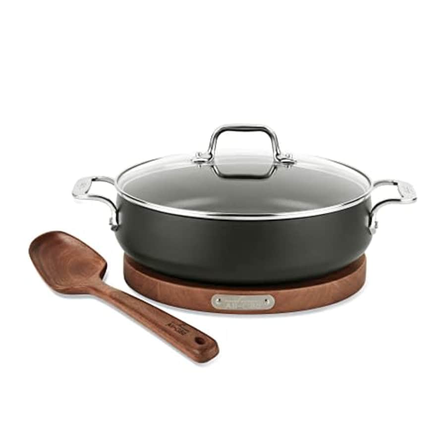 All-Clad HA1 Hard Anodized Nonstick Sauteuse Pan with Acacia Trivet and Spoon 4 Piece, 4 Quart for $150