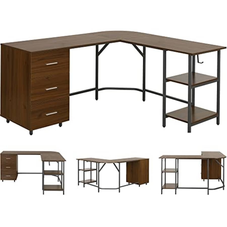 Techni Mobili L Shaped Desk - Two-Toned Computer Desk with Drawers & Storage Shelves - Simple for $133