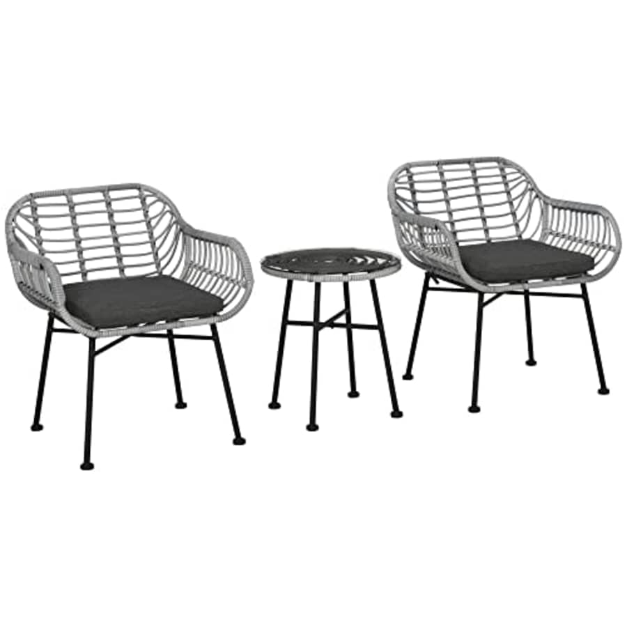 Outsunny 3-Piece Patio Conversation Bistro Set, Outdoor Wicker Furniture with Round Tempered Glass for $125 Outsunny 3-Piece Patio Conversation Bistro Set, Outdoor Wicker Furniture with Round Tempered Glass for $125