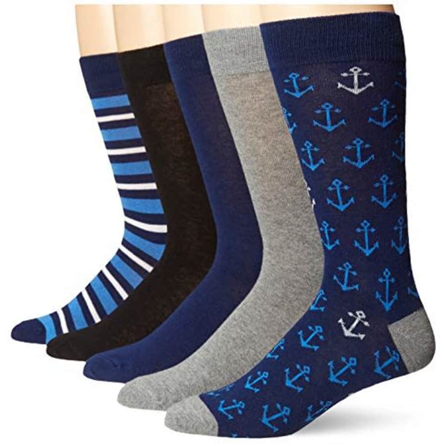 Amazon Essentials Men's Patterned Dress Socks, 5 Pairs, Anchor/Stripe, 8-12 for $19
