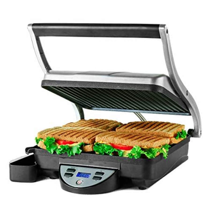 Ovente Electric Countertop Panini Press Grill with Double Nonstick Flat Cast Iron Cooking Plates, 4 for $52