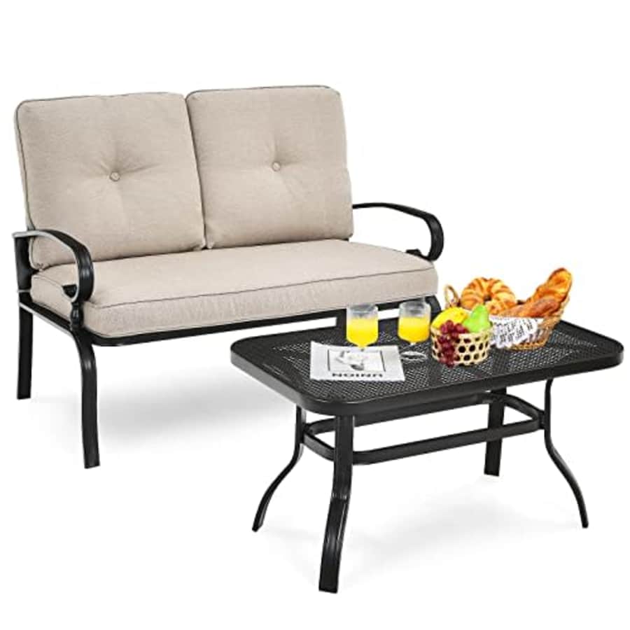 Giantex Patio Loveseat with Coffee Table Outdoor Bench with Cushion and Metal Frame, Loveseat Porch for $140