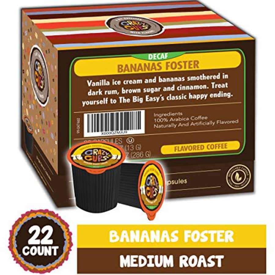 Crazy Cups Flavored Single-Serve Coffee for Keurig K-Cups Machines, Decaf Bananas Foster Flambe, 22 for $17 Crazy Cups Flavored Single-Serve Coffee for Keurig K-Cups Machines, Decaf Bananas Foster Flambe, 22 for $17