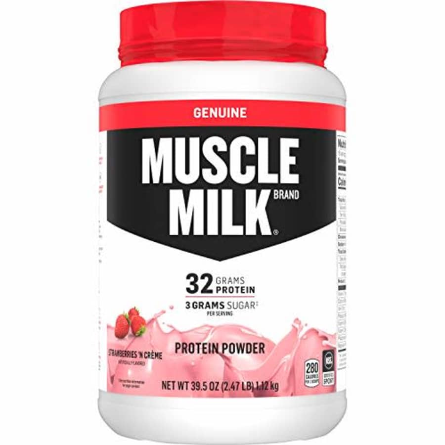 Muscle Milk Genuine Protein Powder, Strawberries 'N Creme, 32g Protein, 2.47 Pound, 16 Servings for $45 Muscle Milk Genuine Protein Powder, Strawberries 'N Creme, 32g Protein, 2.47 Pound, 16 Servings for $45