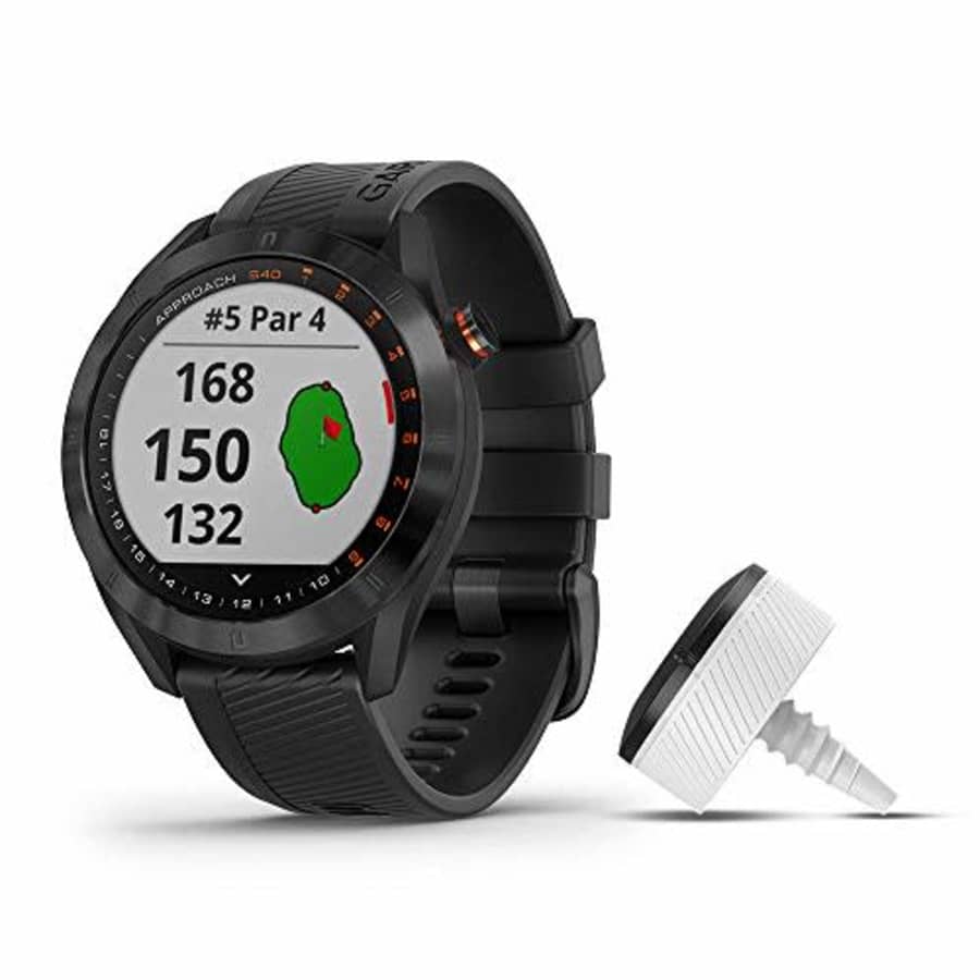 Garmin Approach S40 Bundle, Stylish GPS Golf Smartwatch, Includes Three CT10 Club Trackers, Black for $250
