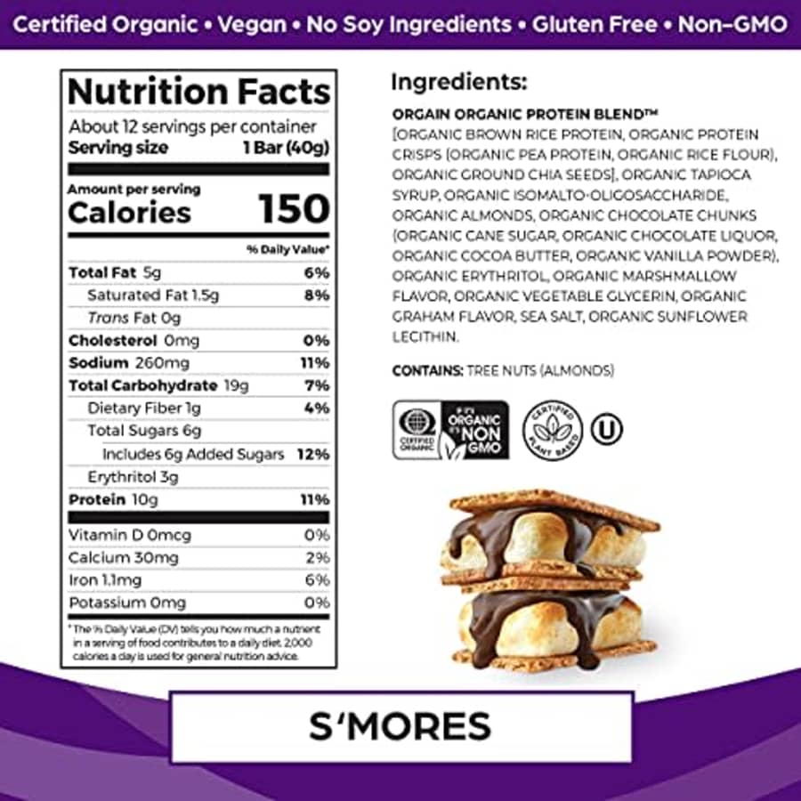 Orgain Organic Plant Based Protein Bar, S'Mores - 10g of Protein, Vegan, Gluten Free, Non Dairy, for $22 Orgain Organic Plant Based Protein Bar, S'Mores - 10g of Protein, Vegan, Gluten Free, Non Dairy, for $22