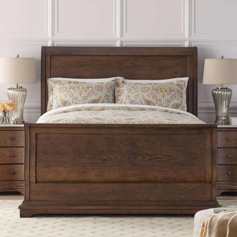 Home Decorators Collection Colton Oak Veneer Queen Sleigh Bed for $475