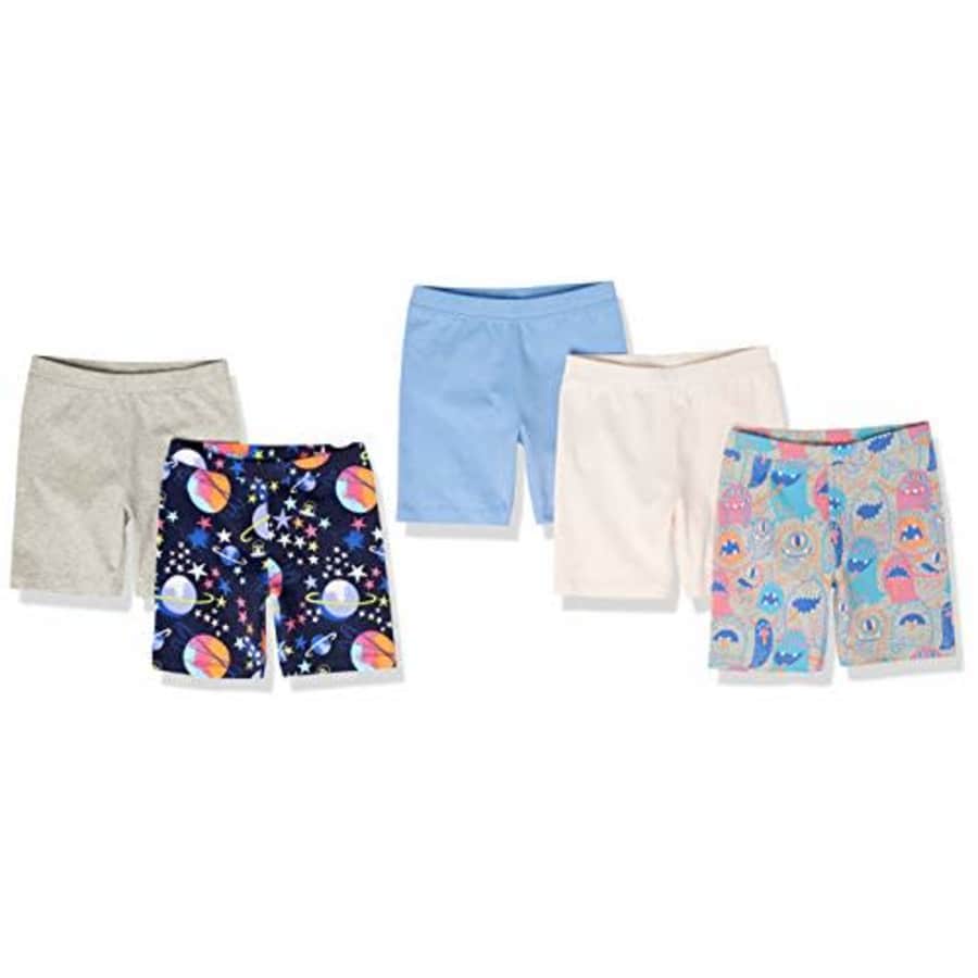 Amazon Essentials Girls' Bike Shorts (Previously Spotted Zebra), Pack of 5, Blue/Navy/Grey, for $5 Amazon Essentials Girls' Bike Shorts (Previously Spotted Zebra), Pack of 5, Blue/Navy/Grey, for $5