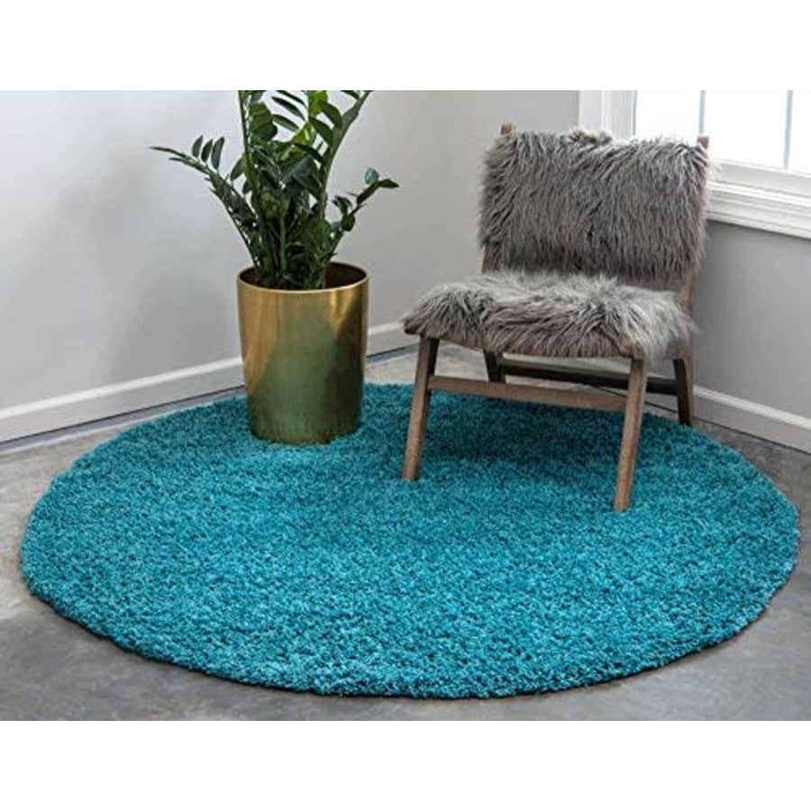 Unique Loom Solo Solid Shag Collection Area Modern Plush Rug Lush & Soft, 4' 0 x 4' 0 Round, Aqua for $45