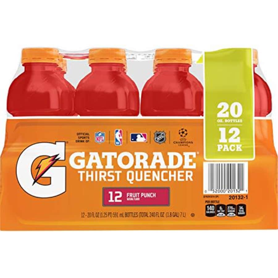 Gatorade Thirst Quencher, Fruit Punch, 20 Ounce Bottles (Pack of 12) for $24 Gatorade Thirst Quencher, Fruit Punch, 20 Ounce Bottles (Pack of 12) for $24