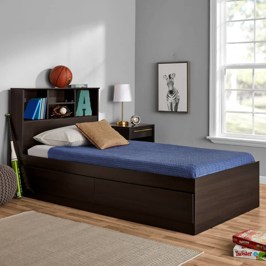 Your Zone Twin Storage Bed w/ Bookcase Headboard for $189 Your Zone Twin Storage Bed w/ Bookcase Headboard for $189