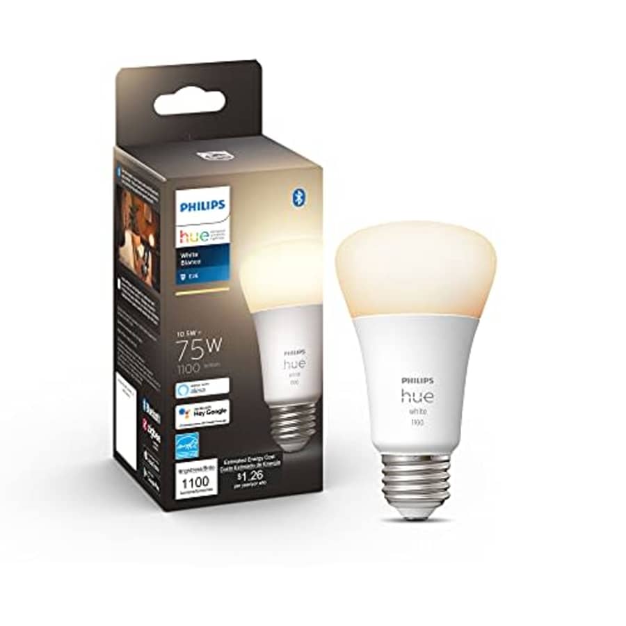 Philips Hue White A19 Medium Lumen Smart Bulb, 1100 Lumens, Bluetooth & Zigbee Compatible (Hue Hub for $13 Philips Hue White A19 Medium Lumen Smart Bulb, 1100 Lumens, Bluetooth & Zigbee Compatible (Hue Hub for $13