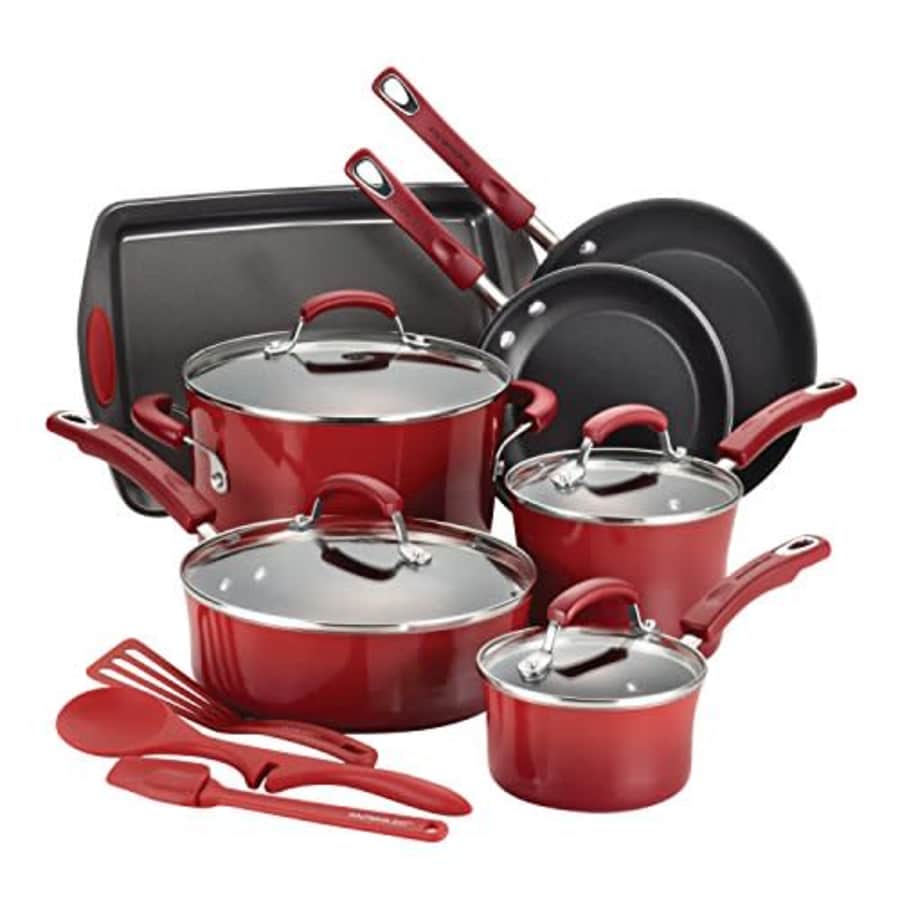 Rachael Ray Brights Nonstick Cookware Set / Pots and Pans Set - 14 Piece, Red Gradient for $157 Rachael Ray Brights Nonstick Cookware Set / Pots and Pans Set - 14 Piece, Red Gradient for $157