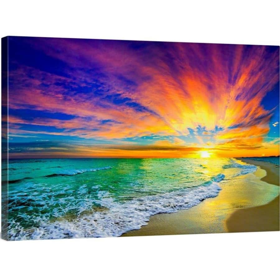 GreatBigCanvas "Colorful Ocean Sunset Orange and Red Beach Sunset" 36" x 24" Canvas Wall Art for $65