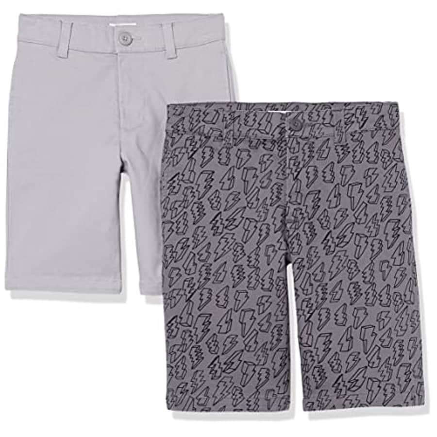 Amazon Essentials Boys' Uniform Woven Flat-Front Khaki Shorts, 2-Pack Grey/Bolts, 10 for $11