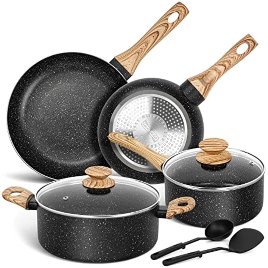 MICHELANGELO Black Pots and Pans Set Nonstick, Granite Cookware Set with Bakelite Handle, Non Toxic for $80 MICHELANGELO Black Pots and Pans Set Nonstick, Granite Cookware Set with Bakelite Handle, Non Toxic for $80