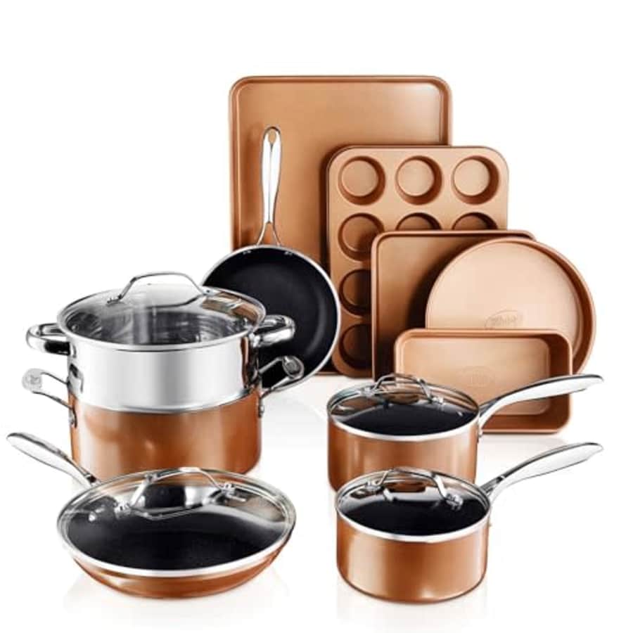 Gotham Steel 15 Pc Copper Pots and Pans Set Non Stick Cookware Set. Kitchen Cookware Sets, Nonstick for $100 Gotham Steel 15 Pc Copper Pots and Pans Set Non Stick Cookware Set. Kitchen Cookware Sets, Nonstick for $100