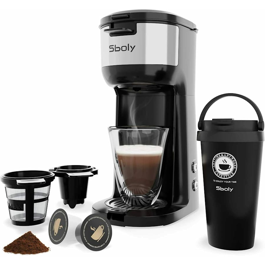 Sboly Single Serve Coffee Maker with Thermal Mug for $49 Sboly Single Serve Coffee Maker with Thermal Mug for $49