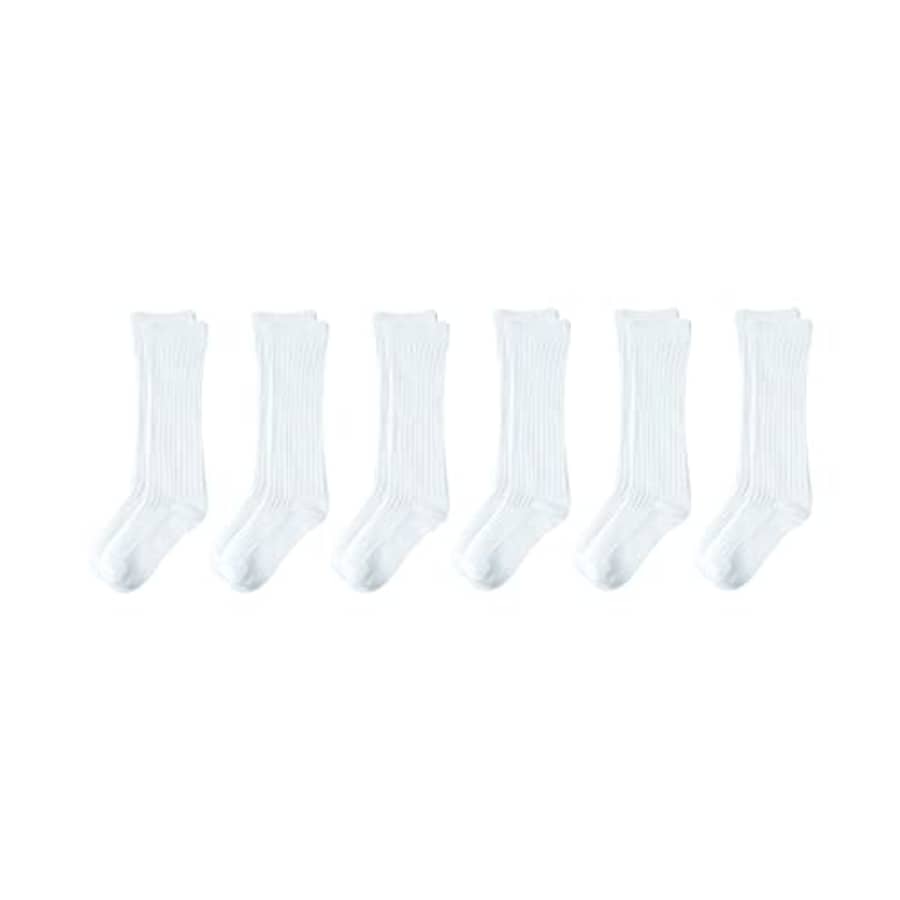 Amazon Essentials Unisex Kids' Casual Cotton Ribbed Knee High Socks, 6 Pairs, White, Large for $16