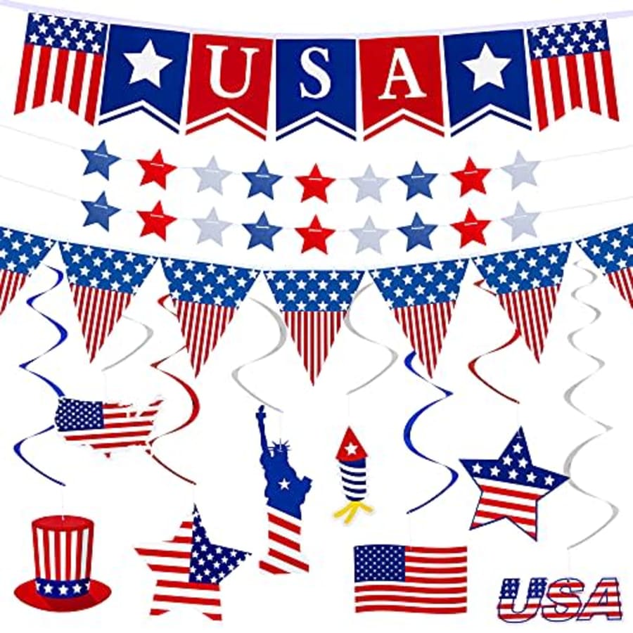 Ouddy 37Pcs 4th of July Banner Decorations Patriotic Party Supplies for the Home, Red White Blue American for $5