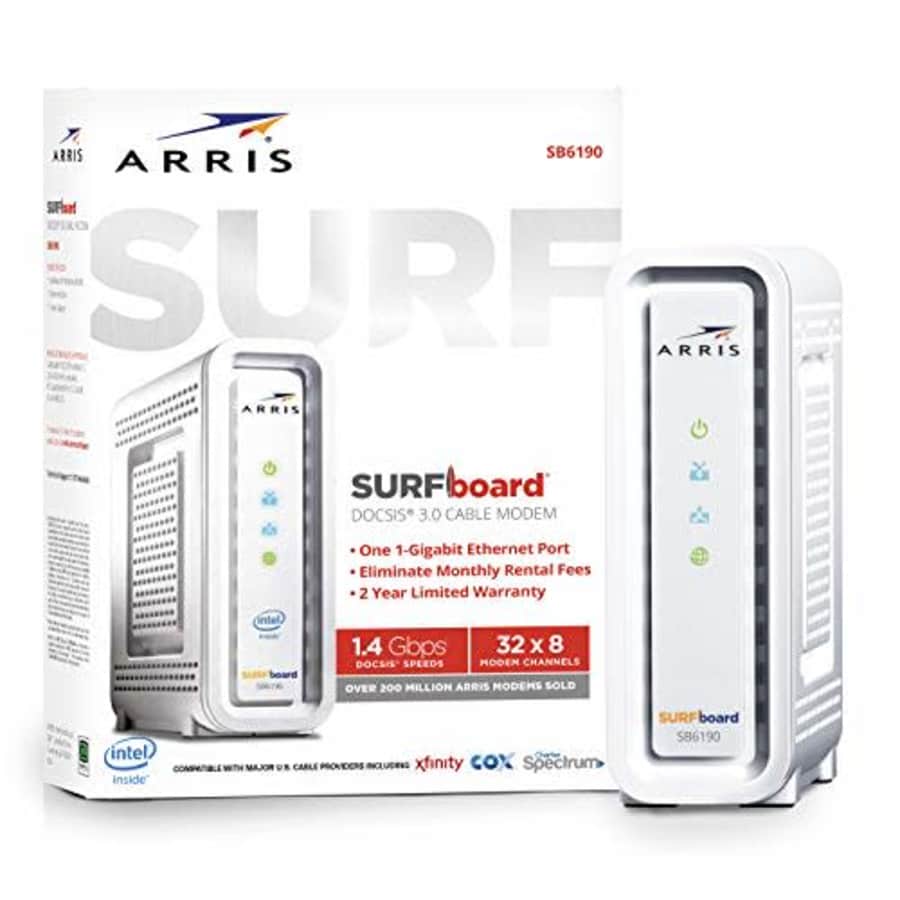 ARRIS SURFboard SB6190 DOCSIS 3.0 Cable Modem, Approved for Cox, Spectrum, Xfinity & others (White) for $64 ARRIS SURFboard SB6190 DOCSIS 3.0 Cable Modem, Approved for Cox, Spectrum, Xfinity & others (White) for $64