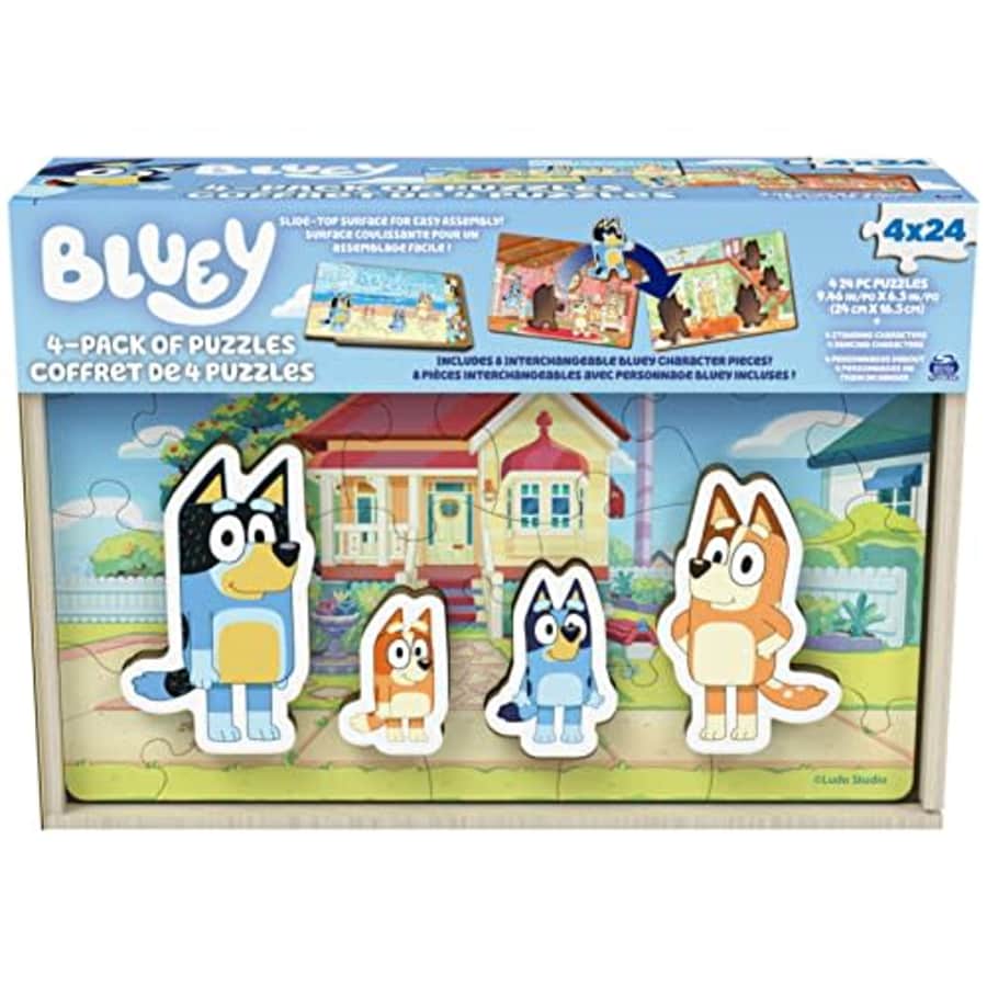Spin Master Bluey 4-Pack of Wooden 24-Piece Puzzles with Interchangeable Pieces | Bluey Birthday Party Supplies for $21 Spin Master Bluey 4-Pack of Wooden 24-Piece Puzzles with Interchangeable Pieces | Bluey Birthday Party Supplies for $21