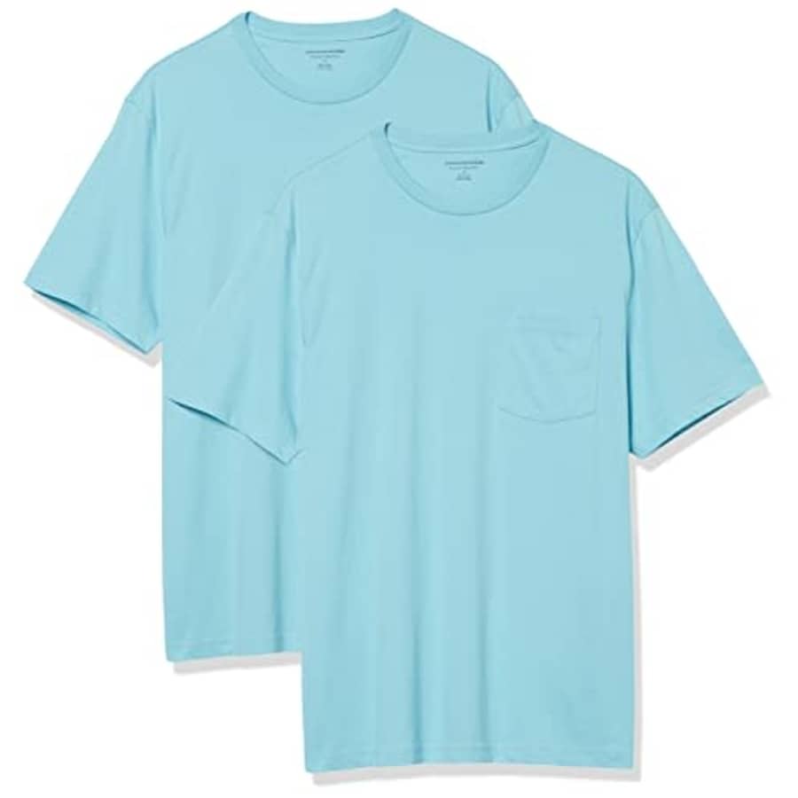 Amazon Essentials Men's Regular-Fit Short-Sleeve Crewneck Pocket T-Shirt, Pack of 2, Light Blue, for $19 Amazon Essentials Men's Regular-Fit Short-Sleeve Crewneck Pocket T-Shirt, Pack of 2, Light Blue, for $19