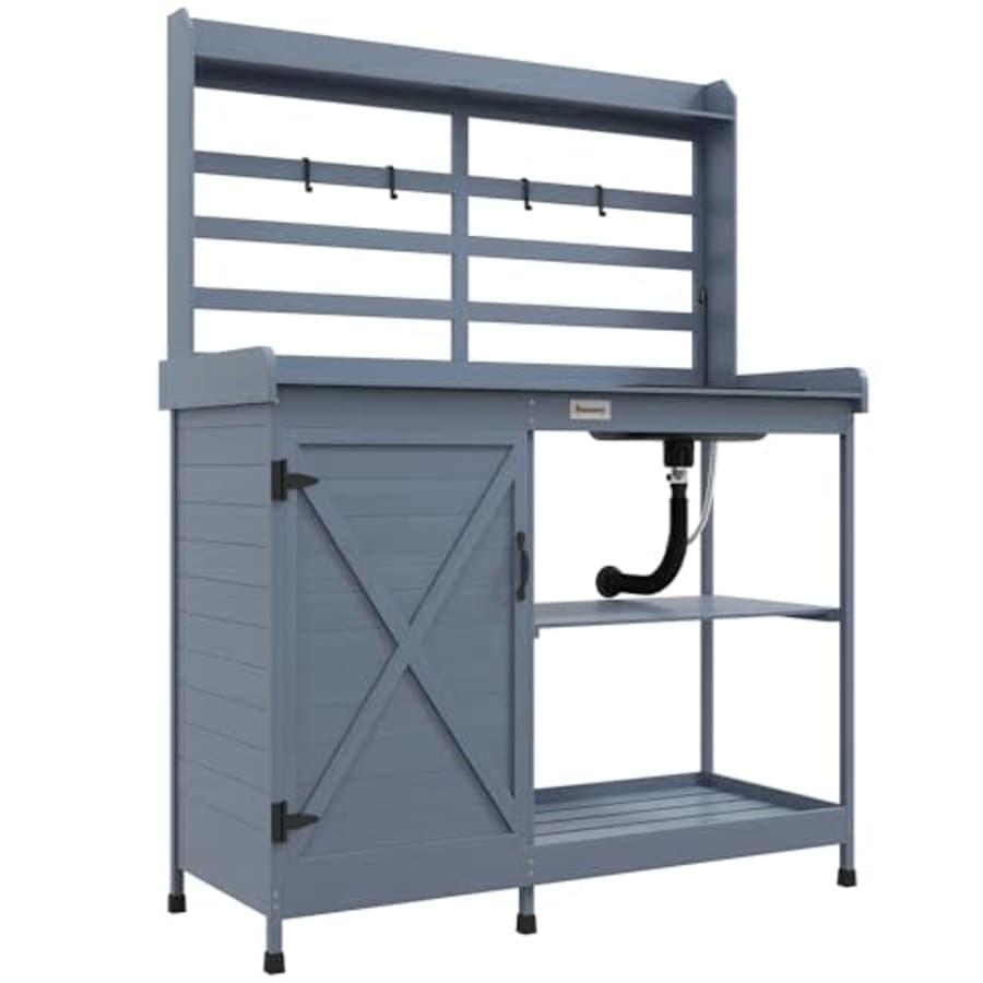 Outsunny Wooden Potting Bench, Outdoor Potting Table with Storage Cabinet, Storage Shelves, Sink, for $180 Outsunny Wooden Potting Bench, Outdoor Potting Table with Storage Cabinet, Storage Shelves, Sink, for $180