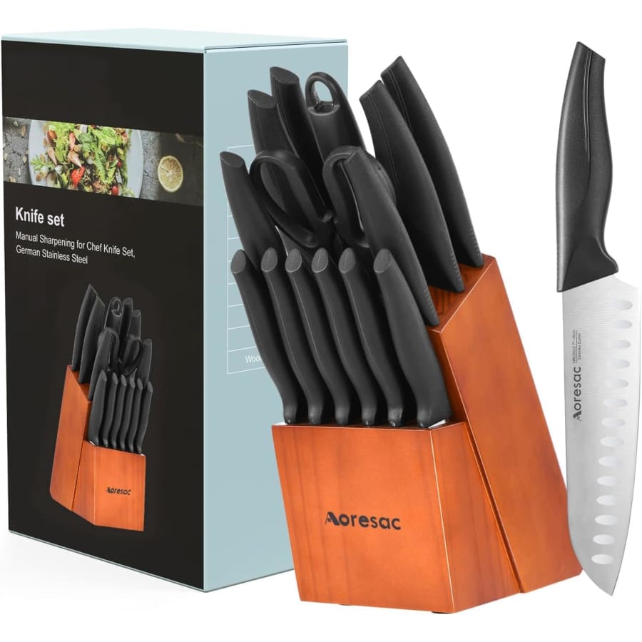 15-Piece High Carbon Stainless Steel Knife Block Set w/ Sharpener for $20