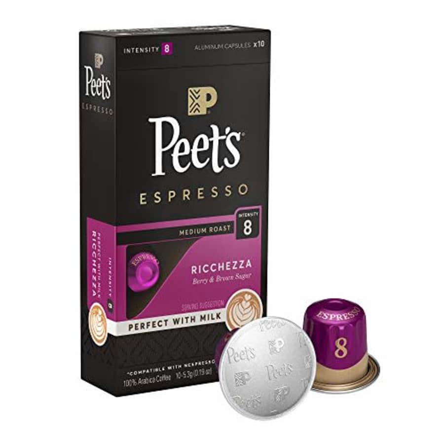 Peet's Coffee Espresso Capsules Ricchezza, Intensity 8, 10 Count Single Cup Coffee Pods Compatible for $8 Peet's Coffee Espresso Capsules Ricchezza, Intensity 8, 10 Count Single Cup Coffee Pods Compatible for $8