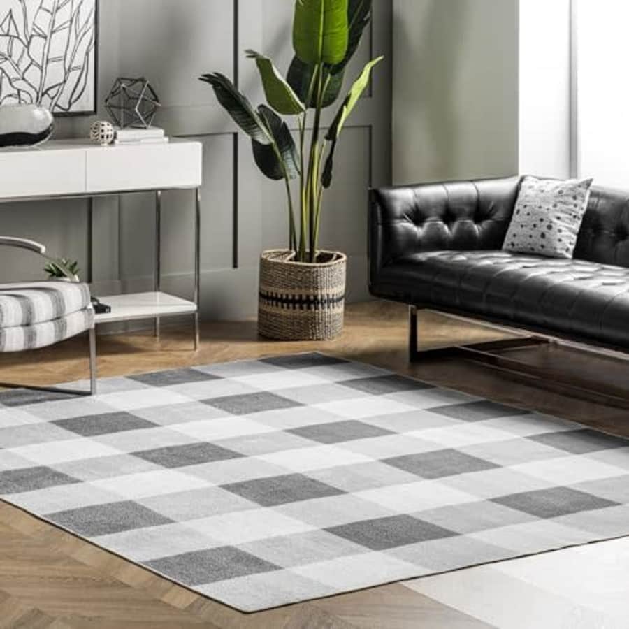nuLOOM Lucy Machine Washable Farmhouse Buffalo Plaid Ultra Thin Area Rug, 4' x 6', Grey for $35