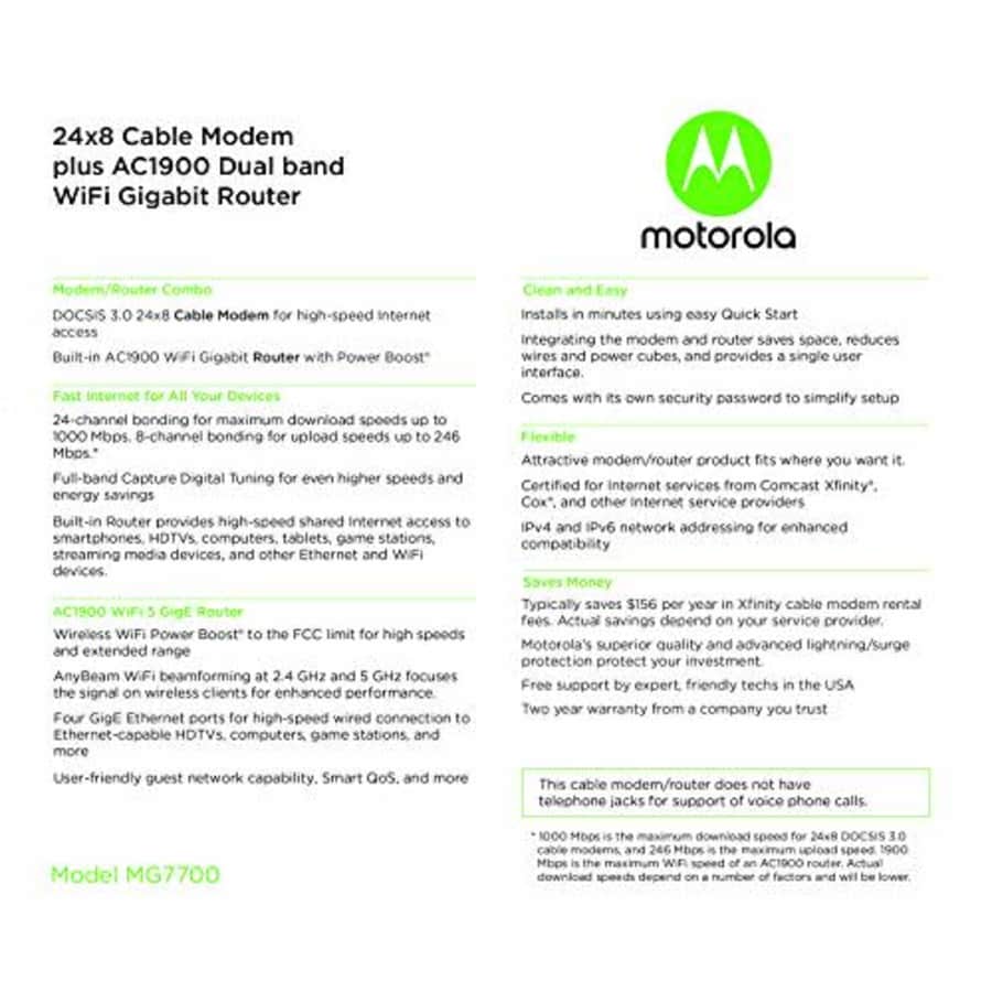 Motorola MG7700 24x8 Cable Modem Plus AC1900 Dual Band WiFi Gigabit Router with Power Boost, 1000 for $155