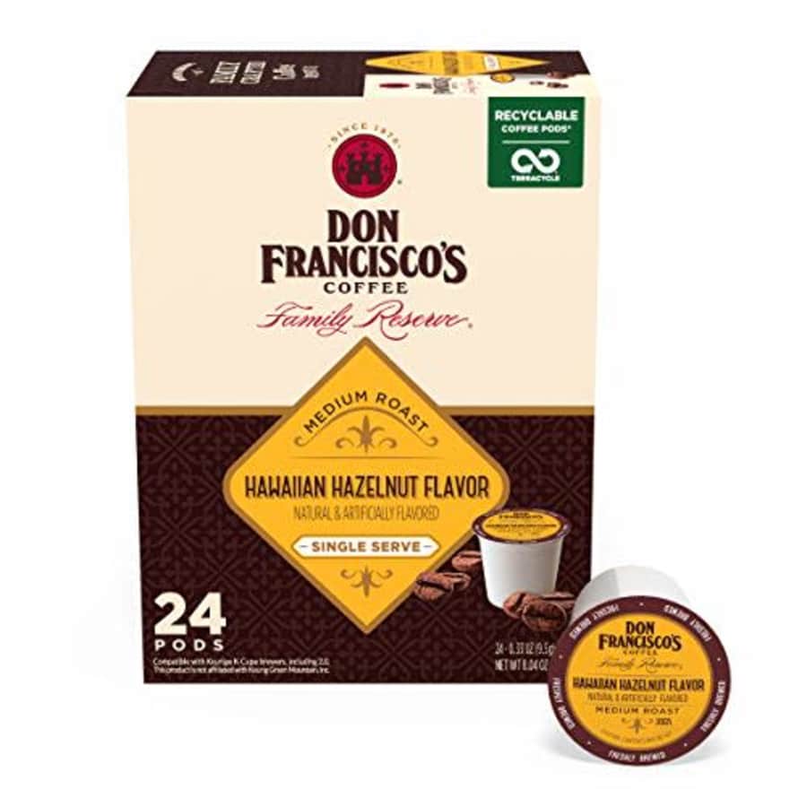 Don Francisco's Hawaiian Hazelnut Flavored (24 Count) Recyclable Single-Serve Coffee Pods, for $14 Don Francisco's Hawaiian Hazelnut Flavored (24 Count) Recyclable Single-Serve Coffee Pods, for $14
