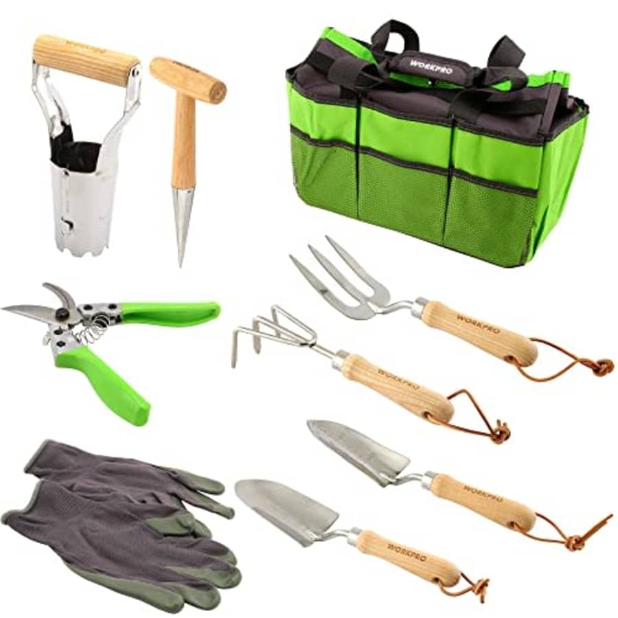 WORKPRO W005009WE 9 Piece Garden Tool Set Heavy-Duty Stainless Steel, Includes Storage Tote Bag, for $62