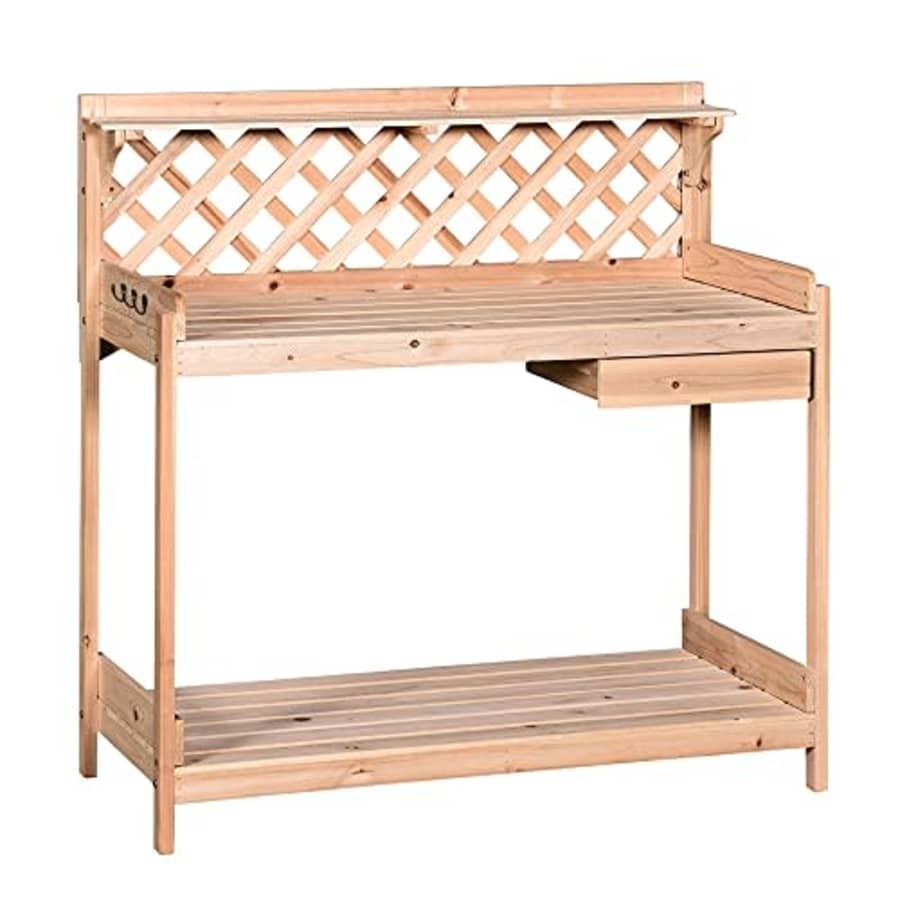 Outsunny Outdoor Garden Potting Bench, Wooden Workstation Table w/Drawer, Hooks, Open Shelf, Lower for $93 Outsunny Outdoor Garden Potting Bench, Wooden Workstation Table w/Drawer, Hooks, Open Shelf, Lower for $93