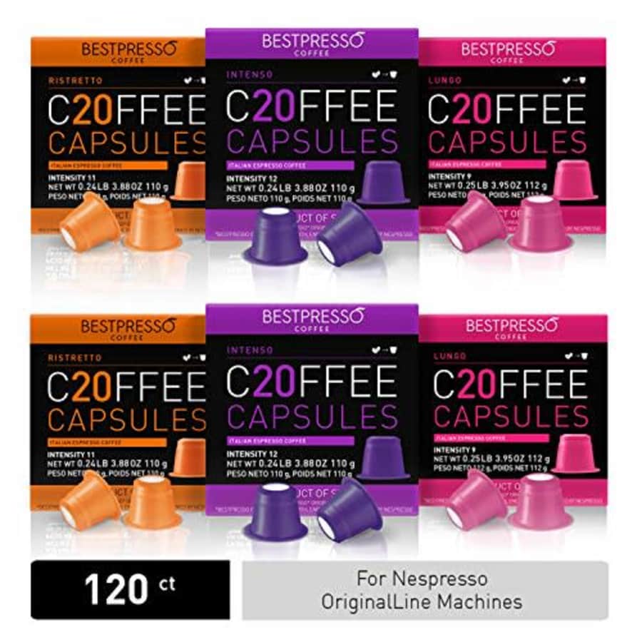 Bestpresso Coffee for Nespresso Original Machine 120 pods Certified Genuine Espresso Variety Pack for $40 Bestpresso Coffee for Nespresso Original Machine 120 pods Certified Genuine Espresso Variety Pack for $40