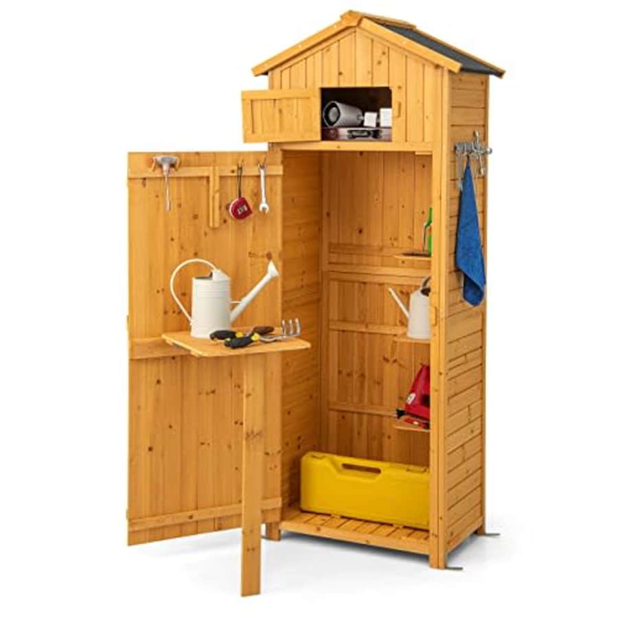 Goplus Outdoor Storage Shed, Wooden Garden Storage Cabinet with Lockable Doors, Foldable Table, for $194