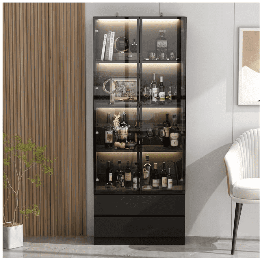 78" Storage Cabinet w/ Glass Doors, Shelves, & LED Lights: $208