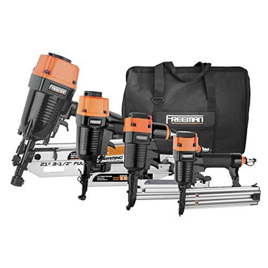 Freeman P421645040 Pneumatic 4 PC Framing and Finish Nail Gun Combo Kit with Canvas Bag and Nails for $280 Freeman P421645040 Pneumatic 4 PC Framing and Finish Nail Gun Combo Kit with Canvas Bag and Nails for $280