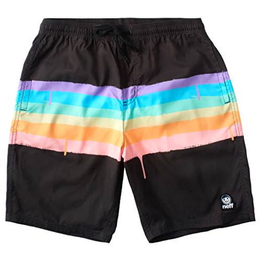 NEFF Men's Daily Hot Tub Board Shorts for Swimming, Black/Rainbow, Small for $29