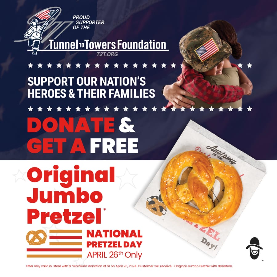 Ben's Soft Pretzel at Mobstub: Free jumbo pretzel w/ $1 donation